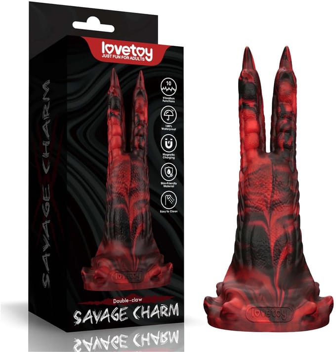 Vibrerende Monster Dildo Met Wrede Dubbele Klauw - Zwart-Rood