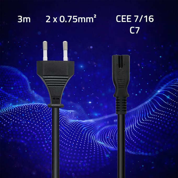 Qoltec Stroomkabel IEC C7 |   CEE 7/16 |   acht |   2x0,75 mm² |   Zuiver koper |   3m
