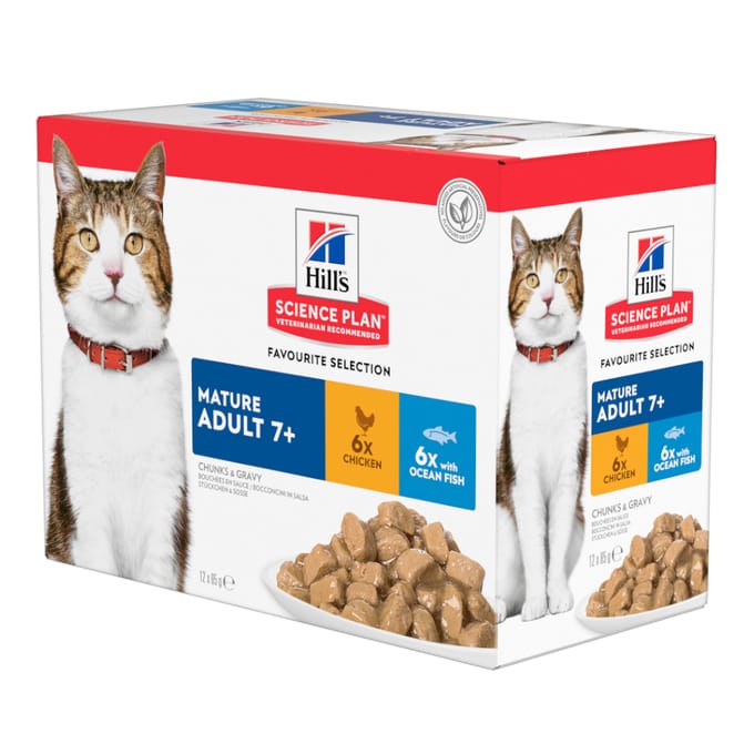 Hill's Science Plan Mature Adult 7+ Kip Bestel ook natvoer: 12 x 85 g Hill's Mature Adult - Vis selectie
