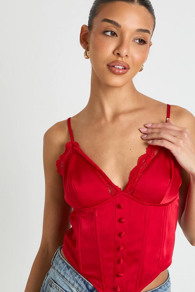 boohoo Dames Kanten Korset Top Met Baleinen | Rood | Maat: 36