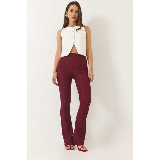 Hoge Taille Uitlopende Broek met Geribde Textuur