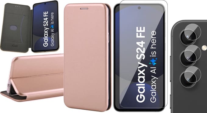 Hoesje geschikt voor Samsung Galaxy S24 FE - Screenprotector Glas & Camera - Wallet Book Case Rosegoud