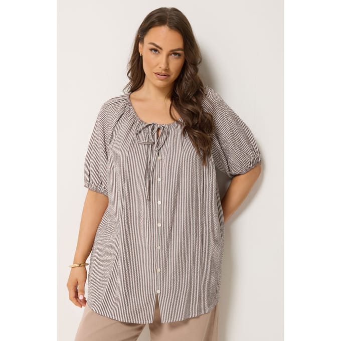 Yours Bruine Blouse Met Gestreepte Print En Pofmouwen Size 42