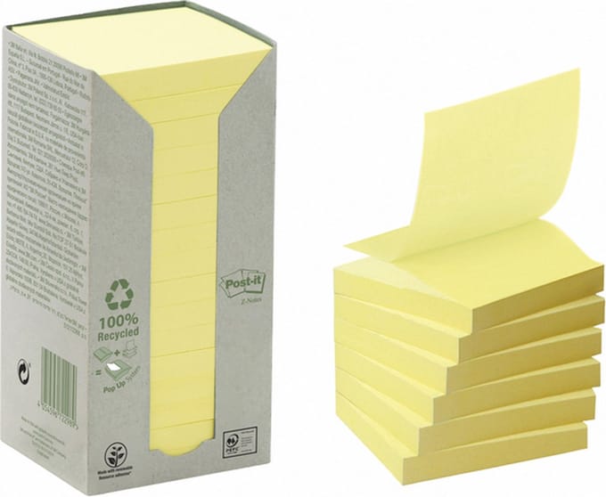 Memoblok Post-it Z-Note R330-1T 76x76mm recycled geel 16 stuks