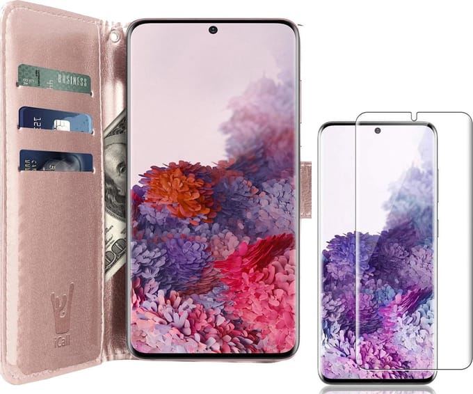 Hoesje geschikt voor Samsung Galaxy S20 - Screen Protector GlassGuard - Book Case Kunstleer Pasjeshouder Rosegoud & Screenprotector