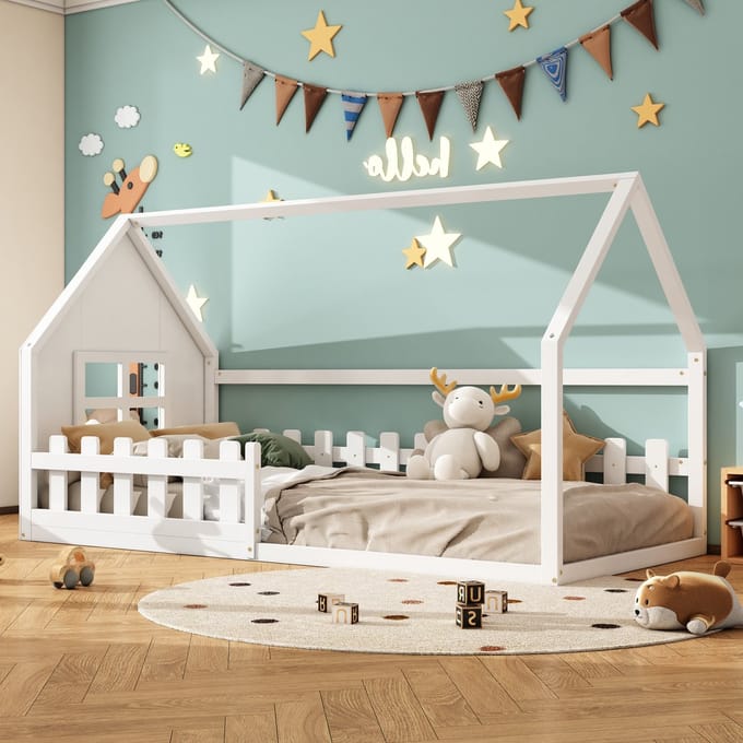 Kinderbed 90x200 - Platformbed met Huishek - Hout - Wit