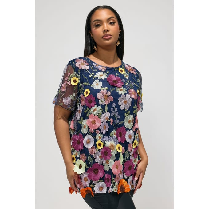 Yours London Marineblauw Tshirt Met 3Dbloemenprint Size 48