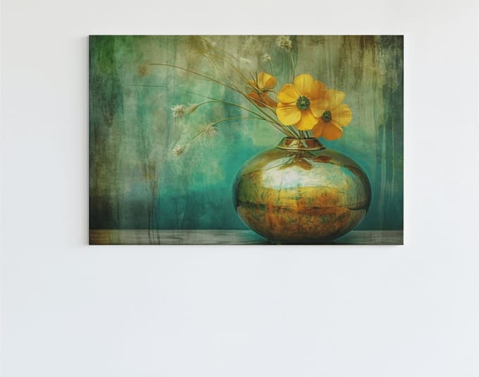 Canvas Schilderij - Kunst - Vaas en Gele Bloemen - 150x100x2 cm