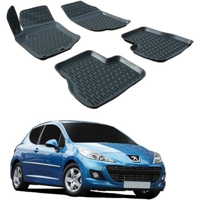 Tapis de sol - SCOUTT - Peugeot 207 - Caoutchouc Premium - Sur mesure - Noir noir