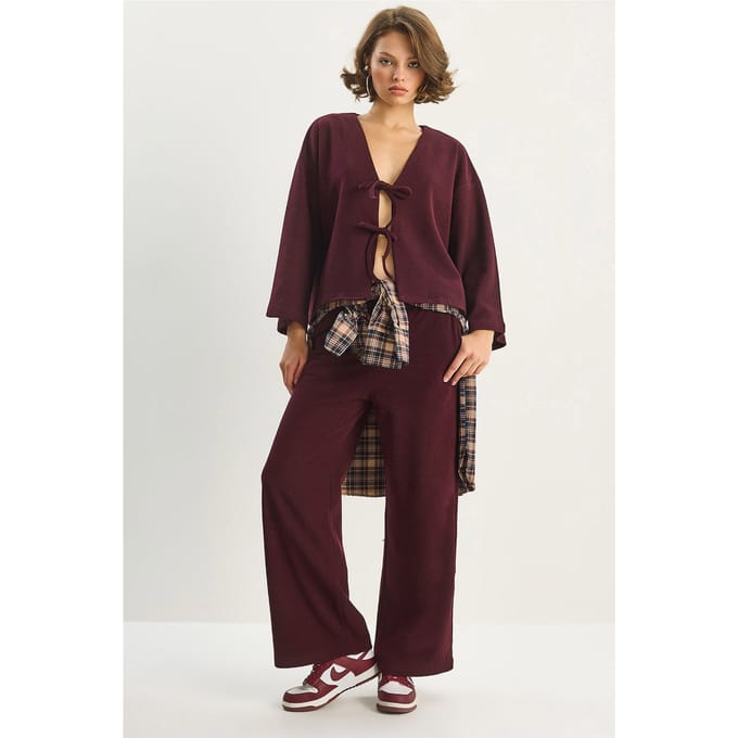 V-hals Gebreide Cardigan en Wijde Pantalon Set