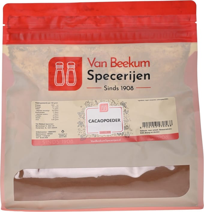 Van Beekum Specerijen - Cacaopoeder - 1 KG (hersluitbare stazak)