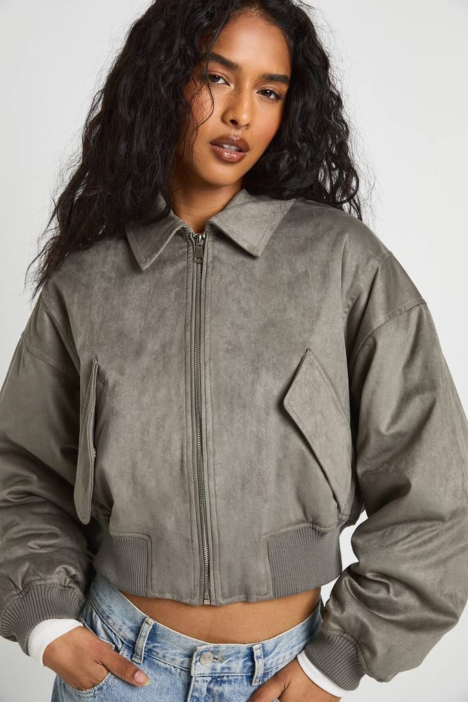 boohoo Dames Suede Bomberjack | Grey | Maat: 12