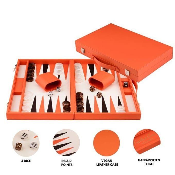 Backgammon 18" oranje in kunstlederen koffer - Longfield