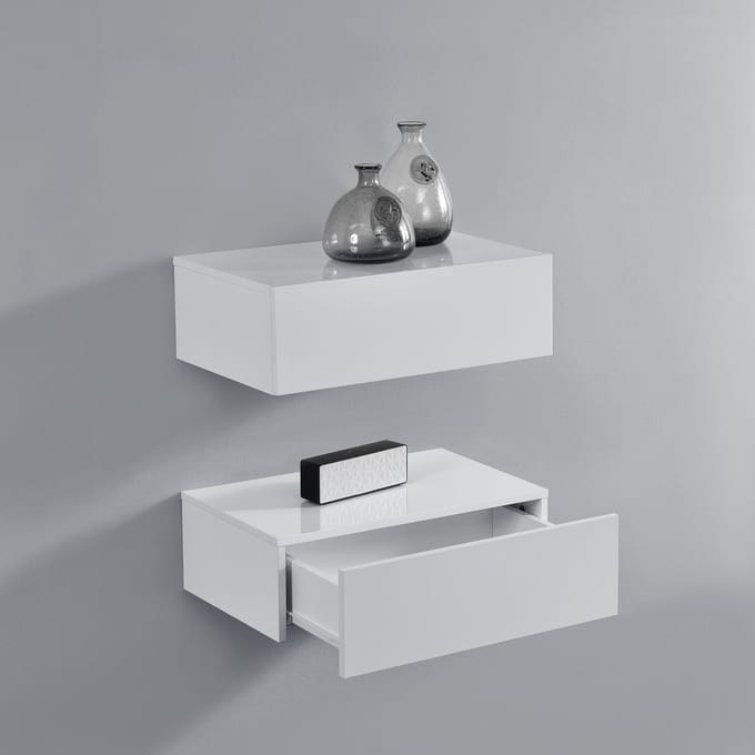 Wandplank met lade set van 2 zwevend 46x30x15 cm wit glanzend