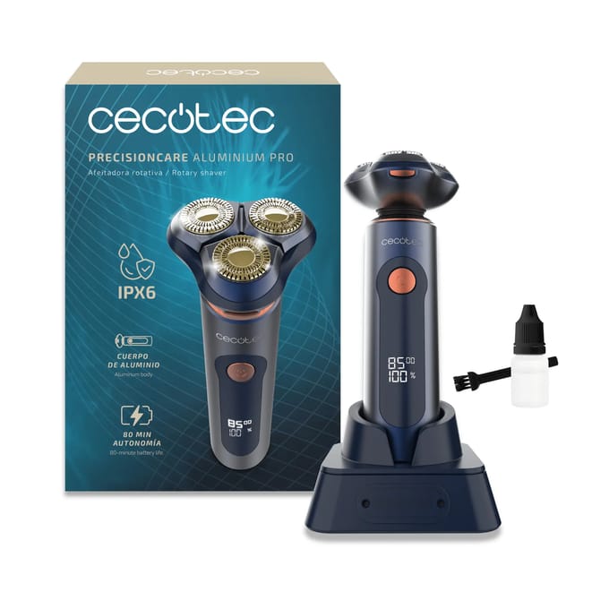 Cecotec Elektrisch Scheerapparaat PrecisionCare Aluminium Pro blauw titanium LCD 80min IPX6 basis