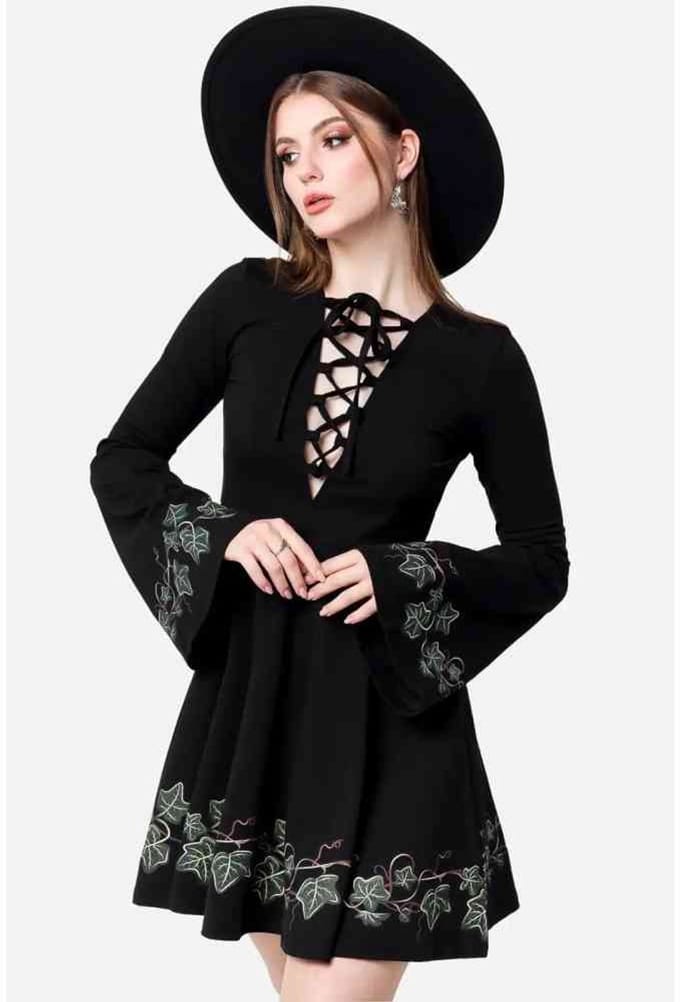 Restyle - Tangled Vines Mini jurk - XS - Zwart