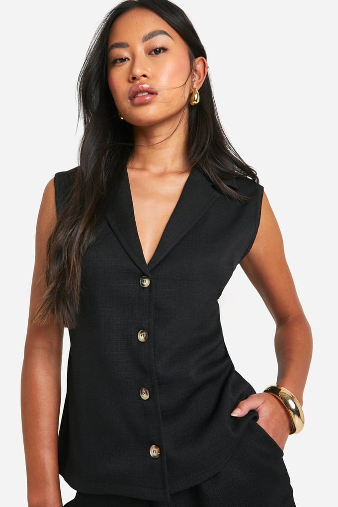 boohoo Dames Textured Linen Look Open Tie Back Weste | Zwart | Maat: 34
