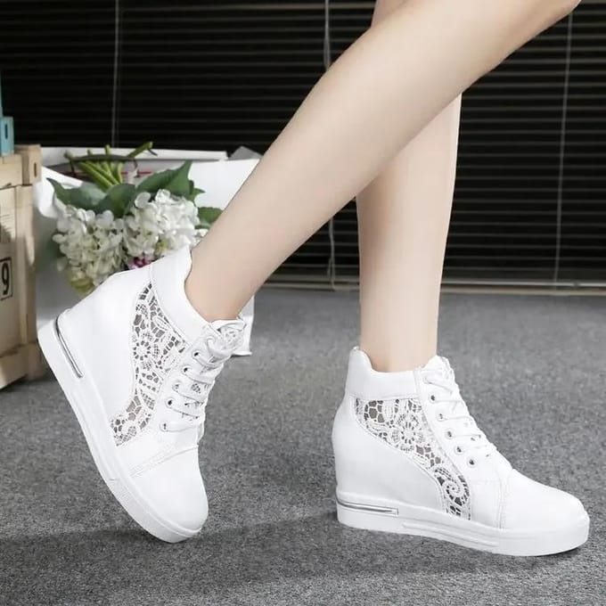 Verkoper Dames Sleehak Platform Sneakers Rubber Leer Hoge Hakken Vetersluiting Puntige Neus Hoogte Verhogend Wit Casual Schoenen 40 gray