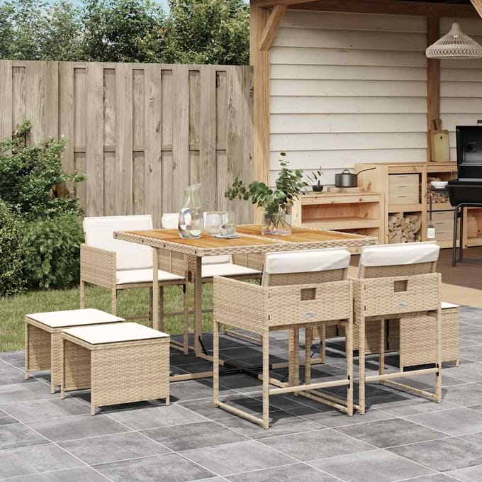 vidaXL - 9-delige - Tuinset - met - kussens - poly - rattan - beige