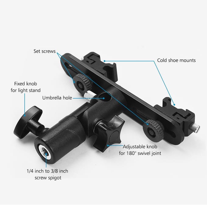 T-vormige flitsbeugelstandaard en 2 koude schoen voor Canon Nikon YONGNUO Speedlite zwart
