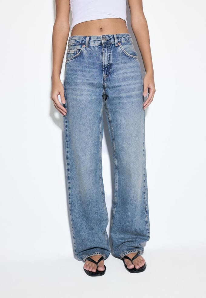 Stradivarius D92 straight wide jeans met scheuren  OVERGEVERFDE DENIM WASSING 38