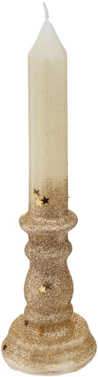 JJA - Goud-witte pilaarkaars 20 cm met glitter en sterren