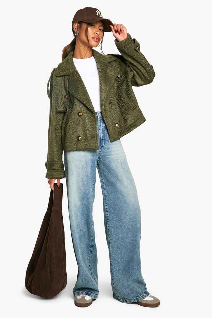 boohoo Dames Textured Wool Look Double Breast Jacket | Khaki | Maat: 12