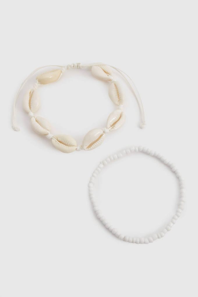 boohoo Dames Shell & Bead Enkelband Set | Creme