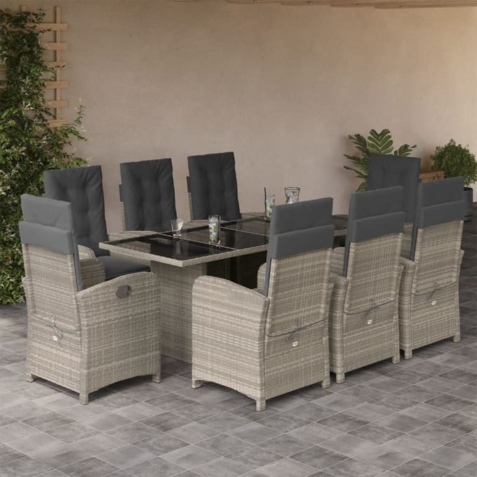 vidaXL - 9-delige - Tuinset - met - kussens - poly - rattan - lichtgrijs