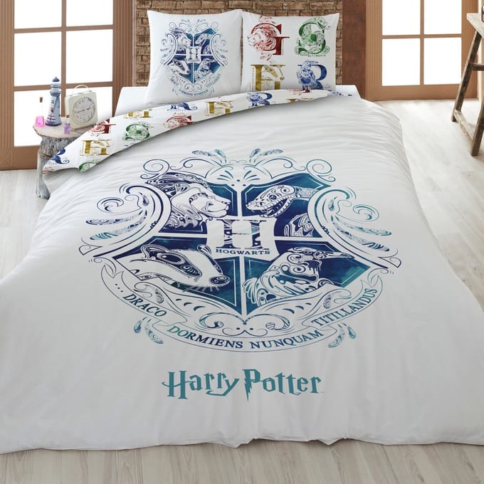 Harry Potter - Dekbedovertrek Hogwarts - 2 Persoons - 200 x 200 cm - Wit