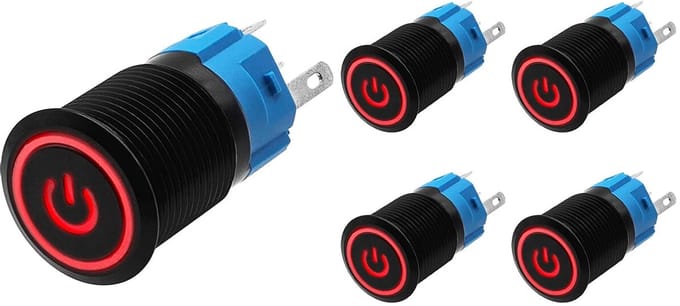 ProRide Drukschakelaar ON-OFF 220V - 16mm Metaal - Waterdicht - LED Ring Rood - 5 stuks