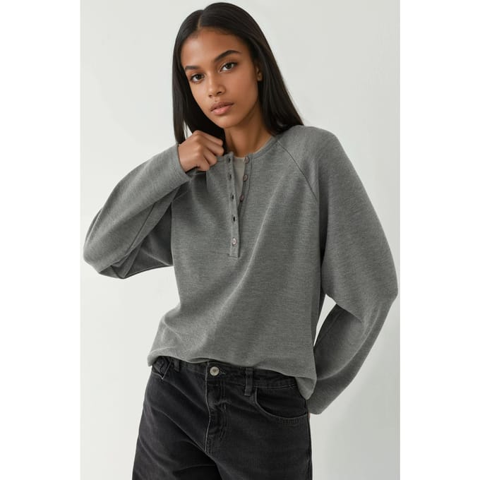 Ontspannen Patroon Halve Knopsluiting Basis Lange Mouwen T-shirt
