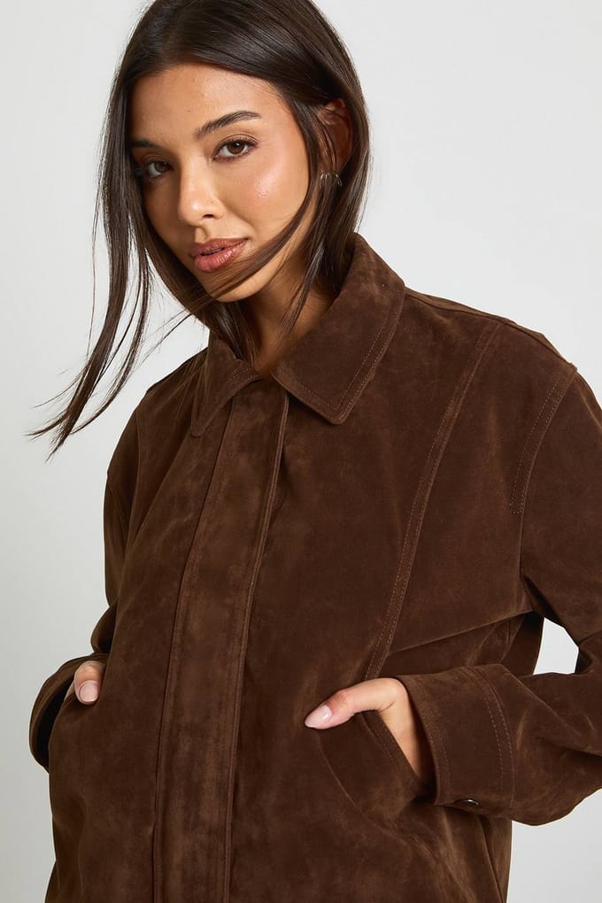 boohoo Dames Namaaksuede jasje met kraag | Chocolate | Maat: 14