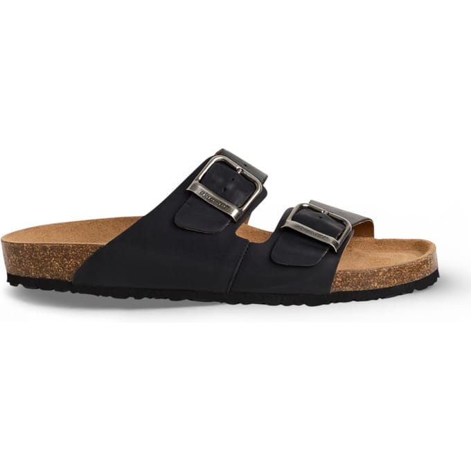 Tamaris herenslippers van zwart leer met instapzool en voetbed.