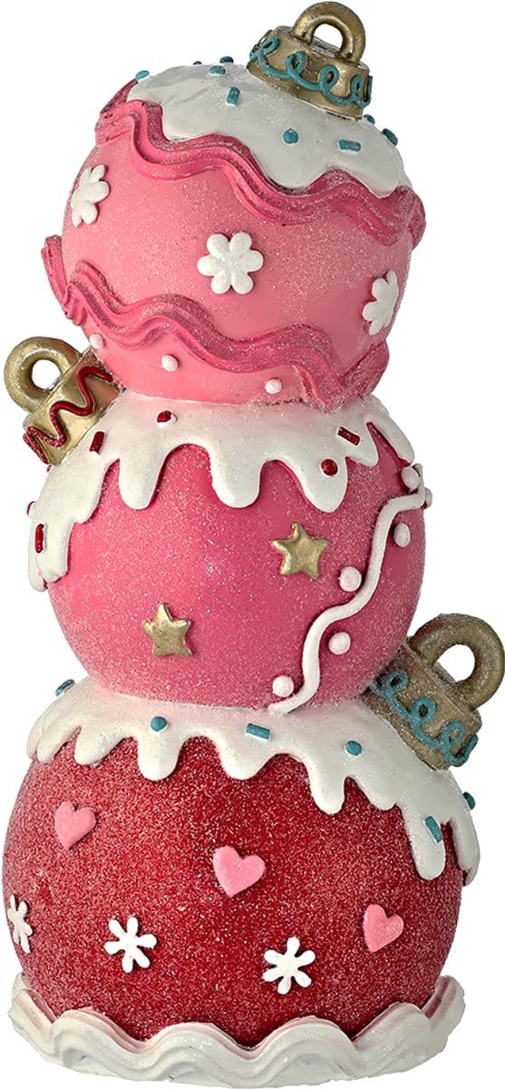 Viv! Christmas Kerstbeeld - Stapel van Drie Snoepgoed Kerstballen - rood roze - 28cm