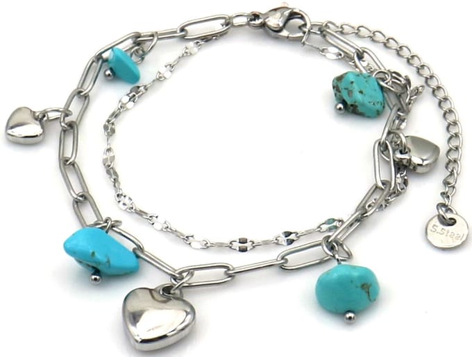 Armband - hartjes met stenen - RVS - 16-21 cm - blauw – valentijn – cadeau