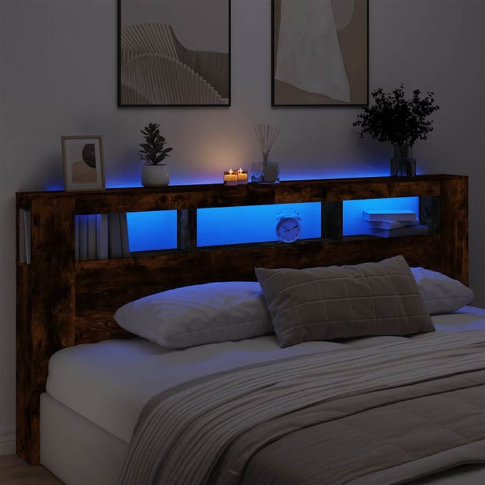 vidaXL - Hoofdeinde - met - LED - 220x18,5x103,5 - cm - bewerkt - hout - gerookt - eiken