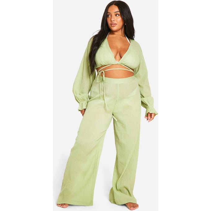 boohoo Dames Plus Tie Front Top en Broek Strand Coordinatie | Olijf | Maat: 56