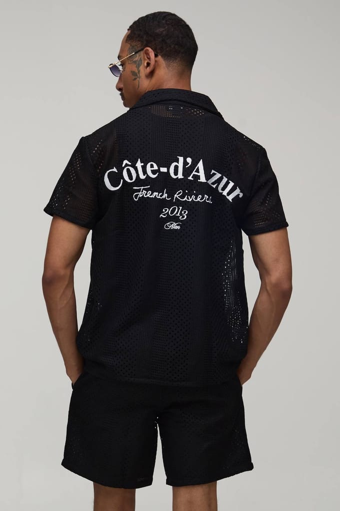 Geborduurd Gehaakte French Riviera Regular Shirt & Relaxed Short Set | Black | Size Medium