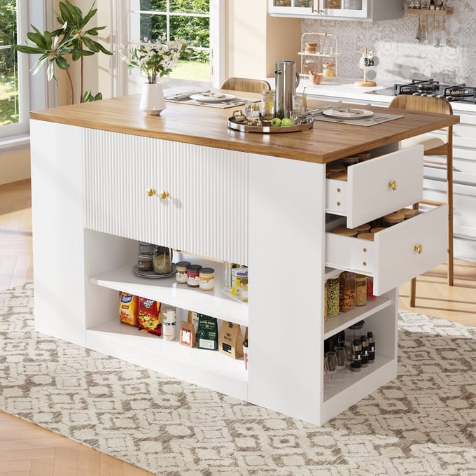 PHOEBE CAT Keukeneiland - Dressoir - Opvouwbare eettafel - 2 lades - Opbergplanken - Wit