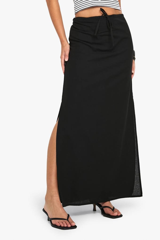 boohoo Dames Linnen trekkoord maxi rok | Black | Maat: 8
