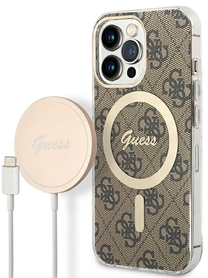 GUESS GUBPP13LH4EACSW Case+ Charger iPhone 13 Pro brown/brown hard case 4G Print MagSafe