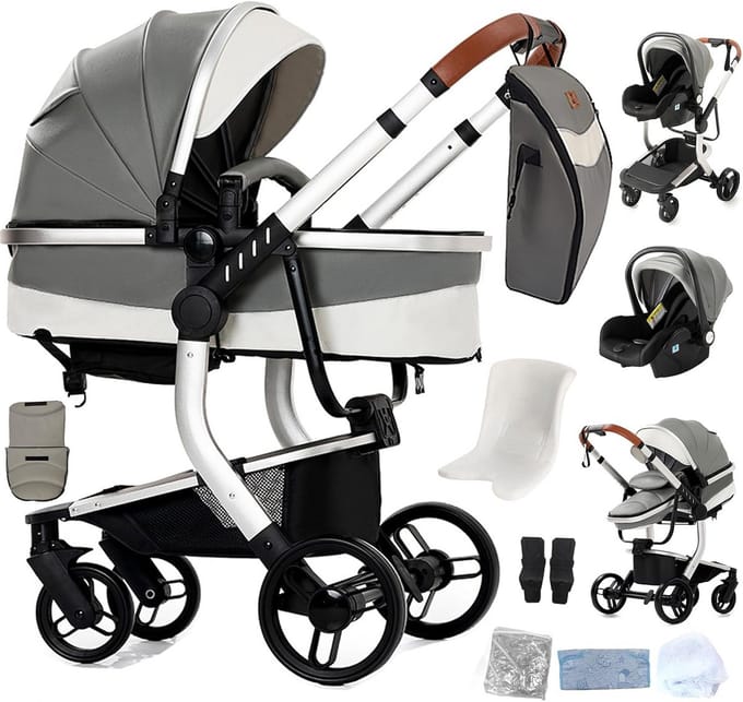 3-in-1 Kinderwagen met PU-Leer, Inklapbaar en Wendbaar