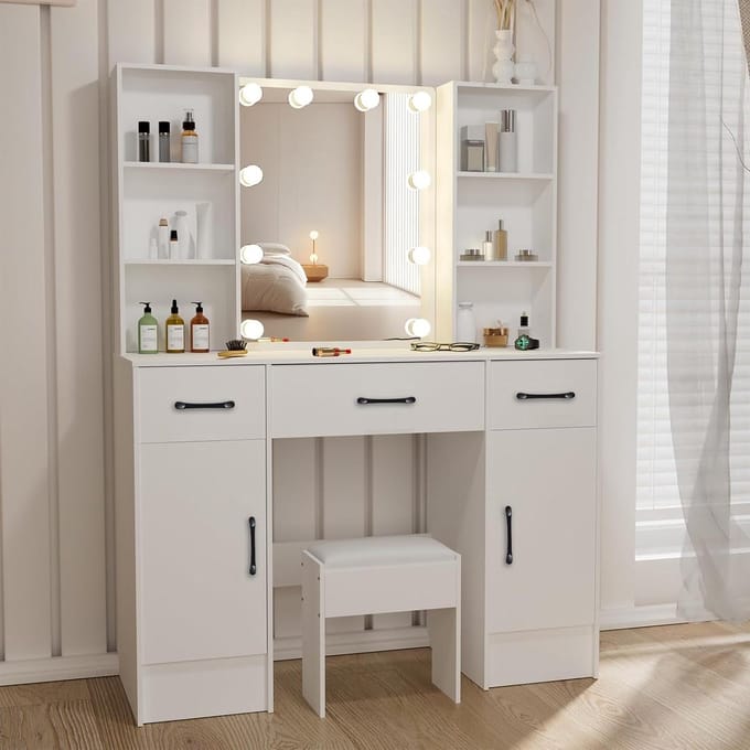 Makeup Table with Adjustable Brightness Lighting, Mirror, Stool, Drawers, Shelves, Cupboards - 100 x 40 x 140 cm