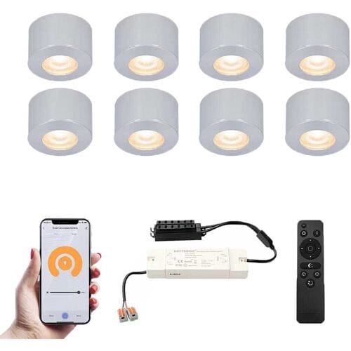 HOFTRONIC Set van 8 Navarra Smart LED Mini opbouwspots - Veranda spots - 12V 3W 200lm - Dimbaar - Wifi & Bluetooth - 2700K - IP44 waterdicht - RVS