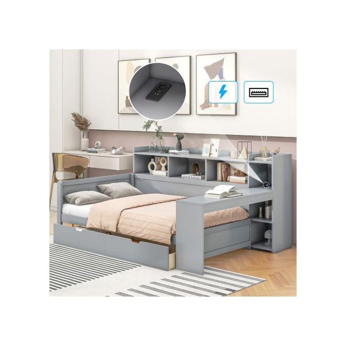 Canapé-lit - MUVOE - 90 x 200 cm - Gris - Avec prise USB - 2 tiroirs de rangement gris