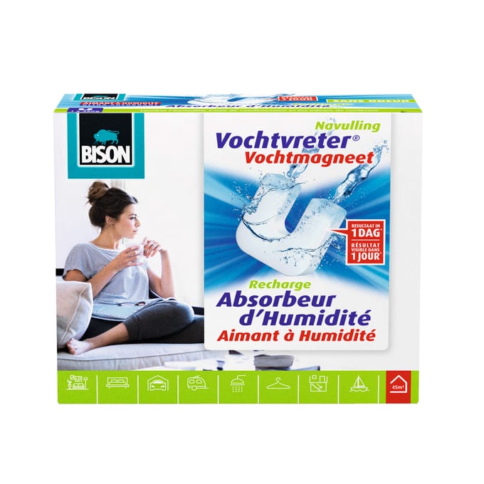 Bison Vochtvreter® magneet - Parfumvrije navulling voor vochtvreter apparaat, bestrijd hoge luchtvochtigheid in woonruimtes, geen batterij nodig, ook geschikt voor caravans en campers