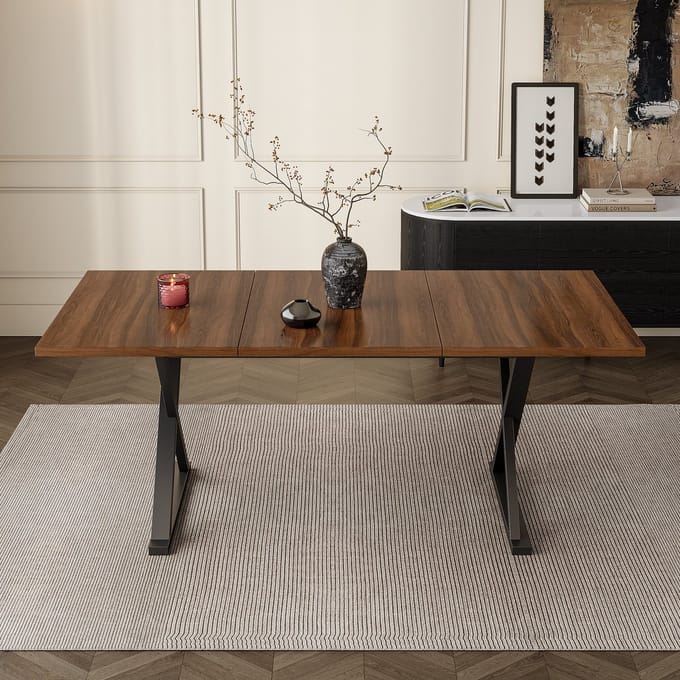 Wishdor - Eettafel - X-Vormig Onderstel - Modern Minimalistisch - MDF - Walnootkleur - 180 X 90 Cm