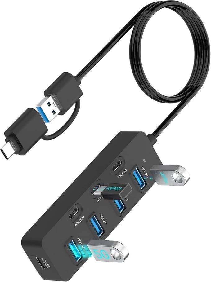 USB Hub - Verlengkabel - Meerdere Apparaten - Dubbele Stekkers - 7 Poorten - Zwart