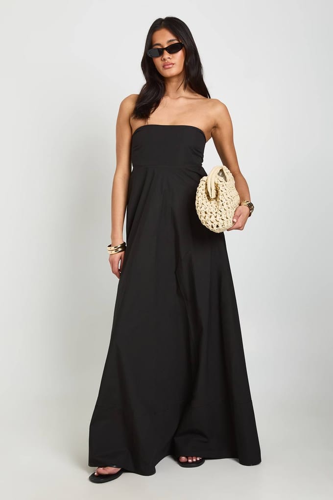 boohoo Dames Katoenen Poplin Maxi Jurk Met Gerimpelde Elastische Rug | Zwart | Maat: 36